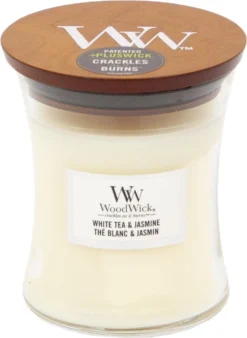 Woodwick Hourglass Medium Geurkaars - White Tea & Jasmine